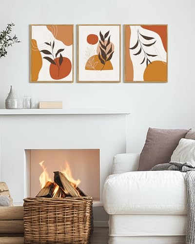 KUVIOKE Boho Wall Art Framed Canvas Botanical Mid Century Modern Wall Printing Orange Neutral Abstract Geometric Prints Bohemain Sage Decor for Farmhouse Living Dining Room 12x16in (Natural Framed) - color: Bohemain, size: 12 x 16in x 3 Panels Natural