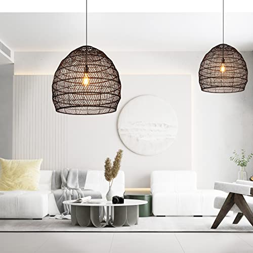 Arturesthome 15.7" Black Woven Chandelier for Kitchen,Rattan Woven Basket Pendant Light Boho Coastal Pendant Lampshade for Hallway Bedroom - color: Black, size: 15.7in*13.78in