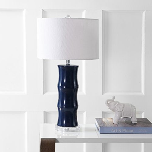JONATHAN Y 26.5" Navy Blue Ceramic Table Lamp for Living Room, Bedroom Nightstand, White Linen Drum Shade, Bamboo Design Modern Bedside Desk Lamp with LED Bulb Included JYL3015A - color: Navy