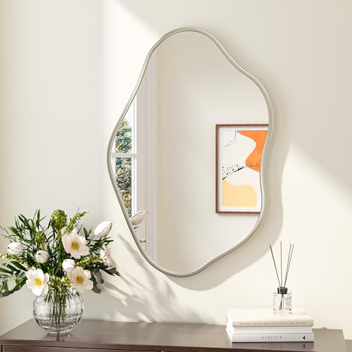 Keonjinn Nickel Irregular Mirrors for Wall 24" x 36" Inch, Asymmetrical Metal Frame, Tempered Glass Decorative Mirror for Bathroom, Bedroom, Living Room, Entryway(Horizontal/Vertical) - color: Nickel, size: 36"L x 24"W