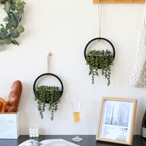 2 Pack Fake Plants Artificial Wall Hanging Plants, Boho Hanging Planter Fake Succulents Artificial String of Pearls in Black Wooden Pots with Lanyard for Home Office Wall Decoration - color: Black, size: 2 Pcs