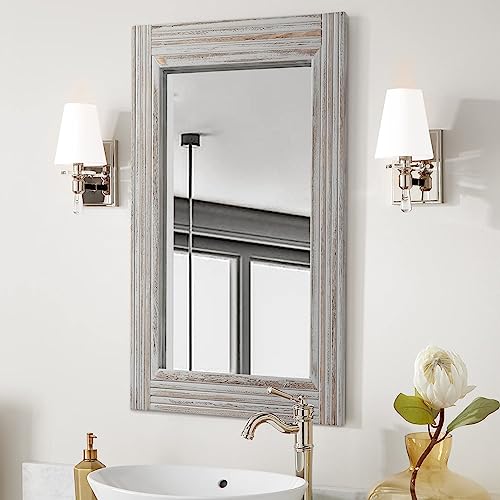 YOSHOOT Hand-Made Wooden Spliced Wall Mirror for Bathroom, Rustic Farmhouse Vanity Mirror, Décor Wall Art, Solid Wood Frame, Vertical or Horizontal Hanging - color: Spliced White Grey, size: 40"L x 30"W