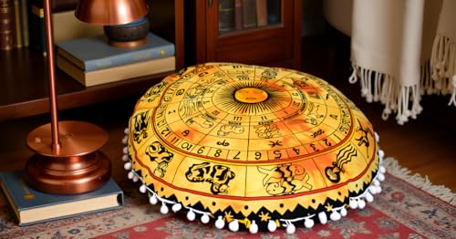 Round Mandala Floor Pillow Cover Seating Cushion Throw Cover Hippie Decorative Bohemian Ottoman Pouf Cover, Pom Pom Pillow Cases,Boho Indian 32 Inches Yellow Zodiac - color: Yellow, size: 32" Round