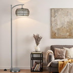 Ambimall Arc Floor Lamp for Living Room with Remote, Color Temperature & Brightness Adjustable, Bohemia Standing Lamp with Rattan & Fabric Double Drum Shades, Bulb Included(Deep Gray) - color: Deep Gray Bohemian