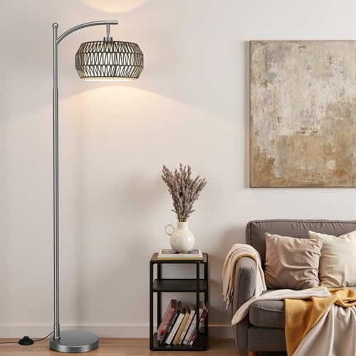 Ambimall Arc Floor Lamp for Living Room with Remote, Color Temperature & Brightness Adjustable, Bohemia Standing Lamp with Rattan & Fabric Double Drum Shades, Bulb Included(Deep Gray) - color: Deep Gray Bohemian