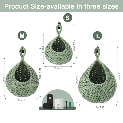 Honeydak Boho Decor Hanging Wall Baskets for Kitchen 3 Pack Teardrop Baskets with Hooks Storage Fruit Onion Vegetable Potato for Home 3 Sizes - color: Sage Green, size: Cotton Rope, style: Teardrop