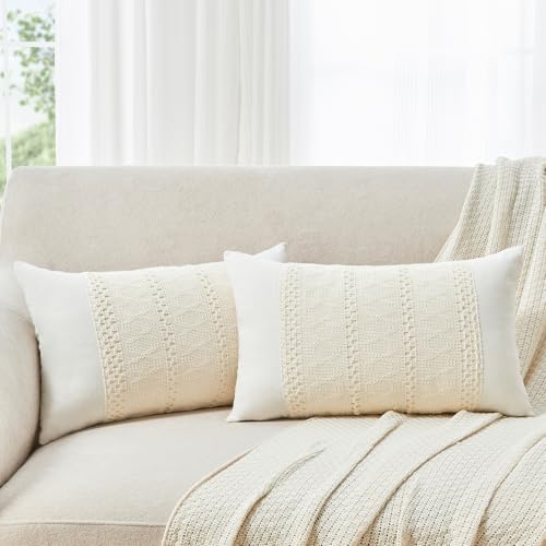 Throw Pillow Covers Set of 2 12x20 Inch Boho Pillow Covers, Soft Lumbar Neutral Cotton White Decorative Case for Couch Sofa Bed Living Room, Home Modern Woven Farmhouse Cute Decor - color: White, size: 20" x 12" (Pack of 2)