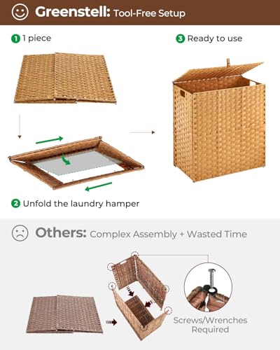 Greenstell Laundry Hamper with lid, No Install Needed, 110L Wicker Laundry Baskets Foldable 2 Removable Liner Bags, 2 Section Clothes Hamper Handwoven Rattan Laundry Basket with Handles, Natural - color: Natural