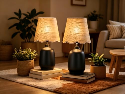 Pia Ricco 19" Modern Ceramic Table Lamp for Living Room Cream Base Desk Lamps for Bedroom Farmhouse Bedside Nightstand Lamp End Table Lamps,Black,Rattan Shade - color: Black Base