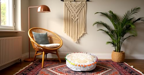 INDIAN CRAFT CASTLE ICC Mandala Barmeri Large Floor Pillow Cover Cushion Meditation Seating Ottoman Throw Cover Hippie Decorative Zipped Bohemian Pouf Ottoman Cases Golden, 16" Round - color: Golden, size: 16"D x 16"W x 5"H