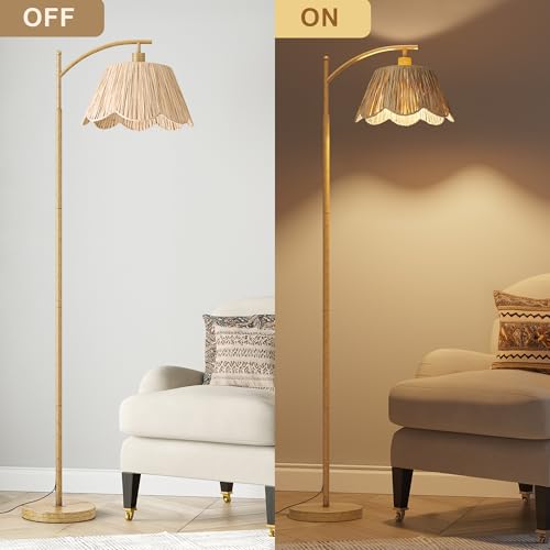 Oneach Arc Floor Lamp for Living Room with 3 Color Temperatures, Rattan Boho Floor Lamp with Remote & Dimmable Bulb, Farmhouse Floor Lamps Suitable for Bedroom, Study(Light Woodgrain) - color: Wood Brown