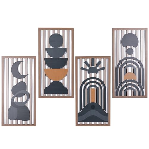 Blue Boho Wall Decor Set of 4, Abstract Blue Wall Art & Wall Decor Blue, Mid-Century Modern Aesthetic Artwork with Arch,Framed Wall Art - 3D Wooden Geometric Wall Sculpture for Bedroom Living Room Office (E) - color: E