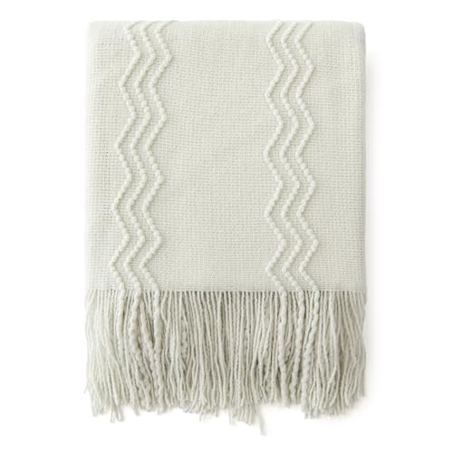 MIULEE Cream White Knitted Throw Blanket for Couch Textured Knit Blanket with Tassels Cozy Woven Boho Bed Blanket for Sofa Bed Chair Acrylic Wave Pattern 50"x60" - color: Cream White, size: 50" x 60"