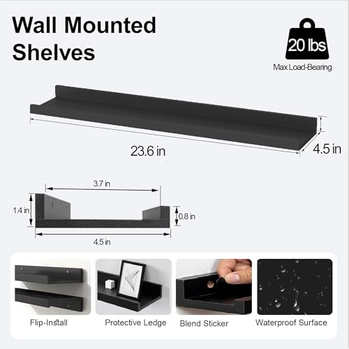 Long Floating Shelves for Wall Decor, Long Wall Mounted Storage Shelf for Bedroom, Living Room, Bathroom, Kitchen, Nursery, Display Picture Ledge Shelf with Lip Set of 2-24 Inches, Black - color: Black, size: 23.6in