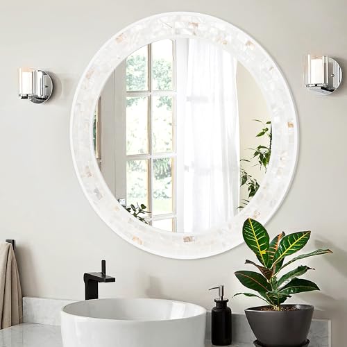Tanmicoshomy Round Wall Mirror 24 Inch,Circle Mosaic Mirror with Natural Mother of Pearl and Wood Frame, Decorative Coastal Round Wall Mirror for Bathroom Bedroom Living Room Entryway - color: White, size: 24"L x 24"W