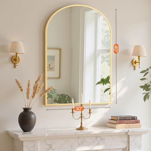 NEWBULIG 40X30 Inch Arched Bathroom Mirror for Wall, Vanity Bathroom Mirrors for Over Sink Tempered Glass, Anti-Rust Arched Metal Framed, Hangs Horizontally or Vertically, Farmhouse Home Decor, Gold - color: Gold-arched, size: 40"L x 30"W