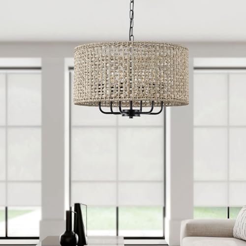 20" Rattan Hand-Woven Boho Wicker Chandelier - 6-Light Drum Farmhouse Oversized Vintage Pendant Light Fixture for Dining Room, Kitchen Island, Entryway (Black) - color: Black 6-Light 20" Drum