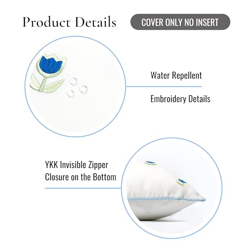 Hofdeco Premium Coastal Patio Indoor Outdoor Throw Pillow Cover Only, 20"x20" Water Repellent for Backyard, Couch, Baby Blue Green Embroidered Tulips Floral with Piping - color: Baby Blue Green Tulips Floral 20”x20”, size: 20" x 20" (Pack of 1)