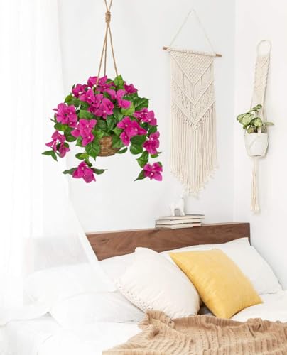 Briful Fake Hanging Basket Flowers, 27.5in Faux Pink Bougainvillea Flowers in Woven Rattan Planter with Cascading Vines for Home Garden Balcony Outdoor Porch Decor, Pink - color: Hot Pink
