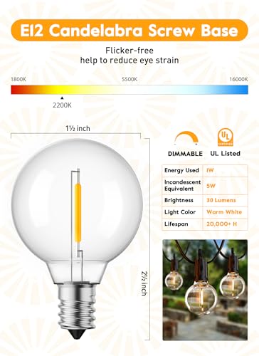 Brightown G40 Led Replacement Light Bulbs, 1W Shatterproof Globe Plastic Bulb Fits E12 or C7 Candelabra Screw Base, 1.5 Inch Dimmable Light Bulbs for Indoor Outdoor Patio Decor, Warm White, 50 Pack - color: Clear-led, size: 50 Pack