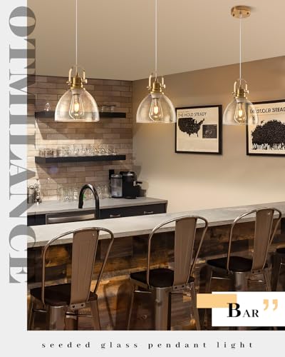 Gold Pendant Lights 2 Pack, 7.5 Inch Seeded Glass Pendant Light, Gold Farmhouse Pendant Light Kitchen Island, Glass Kitchen Pendant Lights for Kitchen Island, Dining Room, Living Room - color: Seeded Glass-Gold+Cord, size: 2-Pack