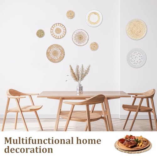 MJOGGOTT 9 Pcs Boho Wall Basket Decor Hanging Woven Wall Basket Art Decor Rattan Wicker Seagrass Home Round Tassels White Macrame Tapestry Baskets Decoration for Kitchen Home Farmhouse Decoration