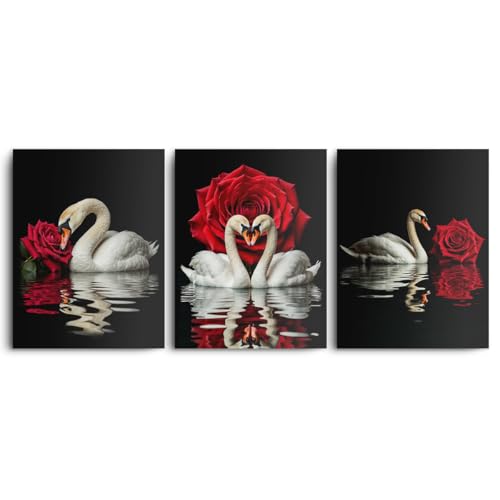 3 Pcs Romantic Swans Red Rose Canvas Wall Art, Animal Swan Wall Decor Framed Prints for Home Bedroom Living Room Office Apartment Decor, Housewarming Gifts 11.5x15 Inch - color: Multi 1366