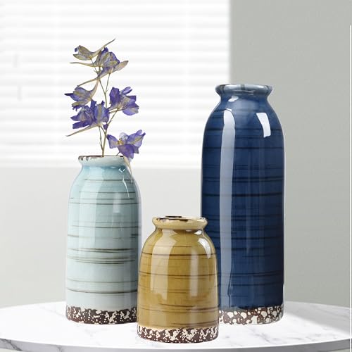 Ceramic Vase Set of 3, Farmhouse Decorative Vase for Pampas Grass, Living Room, Bathroom,Bookshelf, Centerpieces (Blue/Navy Blue/Yellow) - color: Blue-vt 1