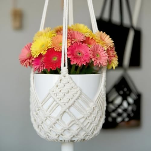 2 Pack Macrame Hanging Planters with Patterns - Stylish Plant Hangers Crochet Boho Plant Holder Hanging Plant Basket for Up to 6 Inch Pots(White) - color: White