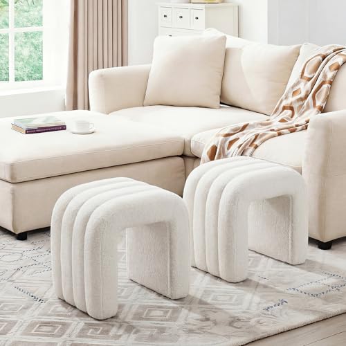 ONEVOG 2-Piece White Boucle Pouf Ottoman Set, 18 Inch Modern Upholstered Small Footrest with Sturdy Wood Frame, Cute Vanity Makeup Seat Footstool for Couch, Living Room, Bedroom, or Dorm Decor - color: White