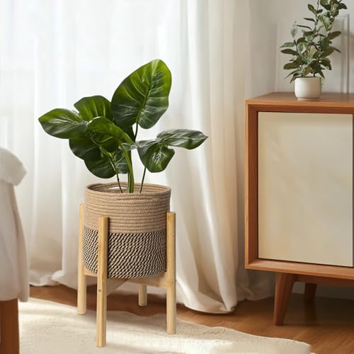 Plant Basket with Stand, Indoor Round Wicker Basket Plant with Bamboo Wood Stand, Decorative Woven Rope Flower Indoor Planter with Legs, Boho Bamboo Wood Planter Holder (Jute Black Stripes) - color: Jute Black Stripes