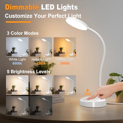 15W LED Desk Lamp with USB Charging Ports – Dimmable Table Lamp with 3 Color Temps, 5 Brightness, 4 Timers, Flexible Gooseneck Light with Base, Eye-Caring Reading Light for Home Office, Bedroom, Study - color: White, size: 4.7'' Lamp