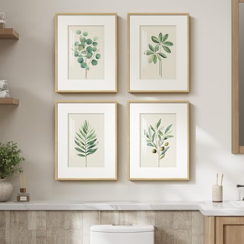 Framed Sage Green Botanical Wall Art for Bathroom, 4 Piece Farmhouse Minimalist Plant Artwork for Walls, Boho Green White Leaf Pictures Prints for Bedroom Kitchen Living Room Wall Decor, 11x14 Inch - color: Green and White, size: 11" W x 14" H x 4pcs