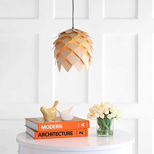 JONATHAN Y 11.75" Natural/Black 1-Light Wood Pendant Light, Organic Modern Scandinavian Artichoke Silhouette, Adjustable Height Ceiling Fixture, UL Listed, LED Bulb Included JYL6125A