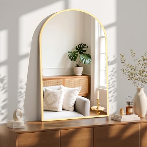 NEWBULIG 26X38 Inch Arched Bathroom Mirror for Wall, Vanity Bathroom Mirrors for Over Sink Tempered Glass, Anti-Rust Arched Metal Framed, Hangs Horizontally or Vertically, Farmhouse Home Decor, Gold - color: Gold-arched, size: 38"L x 26"W