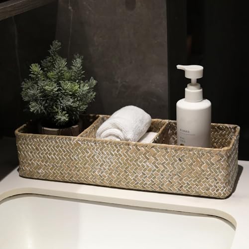 Seagrass Storage Basket for Bathroom, Wicker Toilet Basket Tank Topper, Woven Storage Box for Organizing (Whitewash, 14.6" x 4.7" x 3.1") - color: Whitewash, size: 14.6" x 4.7" x 3.1"