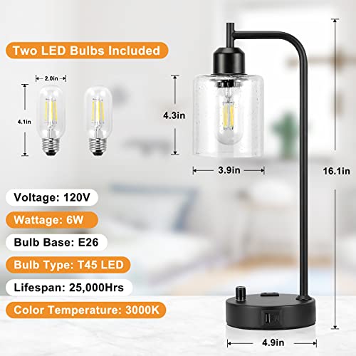 Industrial Table Lamps for Bedrooms Set of 2 - Fully Dimmable Bedside Lamps with USB A and C Ports and Outlet, Black Nightstand Lamps with Glass Shade for Living Room, Desk Lamps for Office Reading - color: Seeded Clear