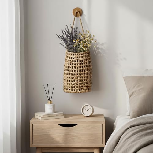 Hiceeden Woven Front Door Basket, Water Hyacinth Hanging Wall Flower Basket, Wall Decor Boho Decoration Veggies Storage Basket for Home, Pantry, Garden, Farmhouse - style: Bohemian