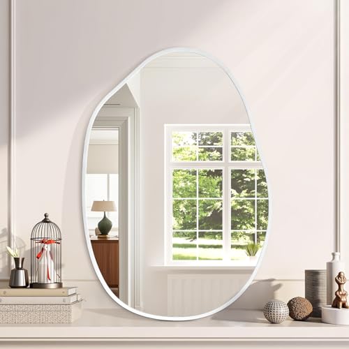 Asymmetrical Bathroom Mirror Irregular Wall Mirror Modern Metal Frame Unique Shape Wall Mounted Vanity Artistic Mirrors Decorative for Living Room Bedroom Entryway 22"x30" Large White - color: White, size: 30"L x 22"W