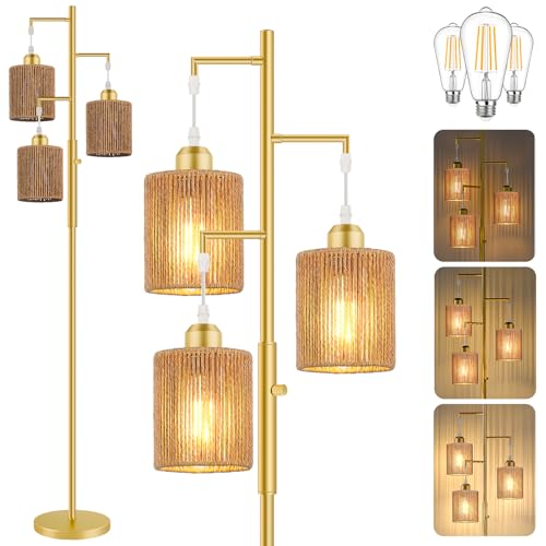 Hotsonic 72" Tall Boho Rattan Style Floor Lamp with Hand-Woven Paper Cord Shade, Dimmable Industrial Tree Standing Lamp for Living Room, Bedroom, Study Room, Office (3 x 800LM Bulbs Included) - Gold - color: Gold+Light Brown