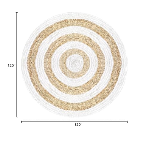 GRUHUM Round Jute Cotton Area Rugs 10ft Natural Fiber Rug with Rings Handwoven Boho Reversible Farmhouse Braided Rustic Vintage Rug Indoor Kitchen Bedroom Living Room Hallways Enterways 10 feet, White - color: Natural /White- 63, size: 10' (Round)