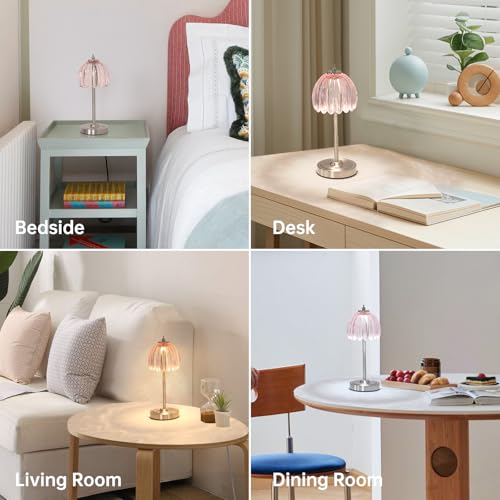 Shenmoyl Tulip Table Lamp with 5200mAh Battery & Touch Control, Cordless Small Table Lamp with 3 Colors, Dimmable Rechargeable Table Lamps for Living Room, Bedroom, Desk, Bedside (Clear Pink Tulip) - color: Clear Pink, size: 1 Pack