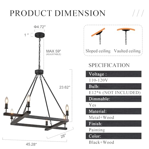Rustic Black Farmhouse L45'' Wood Chandelier Unique Square 6-Light Candle Long Ceiling Pendant Lighting for Kitchen Living Dining Room Foyer Bedroom High Ceiling,E12 - color: Black, size: 45 inches