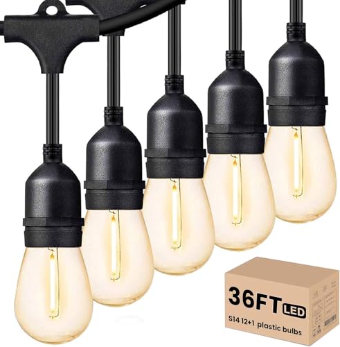 Svater Outdoor Led String Lights 36 FT, Patio Lights for Outside with 13pcs S14 Shatterproof Bulbs, 1 Watt E26 Dimmable, IP65 Waterproof, Commercial Grade Bistro Light 2700K Warm White - size: 36FT