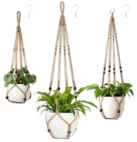 Mkono 3 Pack Macrame Plant Hangers Indoor Different Size Hanging Planter Basket Flower Pot Holder with Beads No Tasselss 43"/35"/29", Large, Brown - color: Brown, size: Large