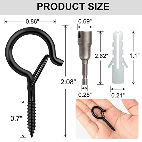 FSAH 96 PCS Q-Hanger Hooks, Screw Hooks for Outdoor String Lights, Safety Buckle Design Cup Eye Hook for Hanging Christmas Lights, Plants, Mounted on Wall Ceiling, Include 1 Wing Nut Driver, Black - color: Black, size: 96 Pcs