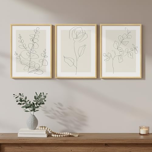 Framed Floral Art Bedroom Wall Art, 3 Piece Neutral Botanical Line Artwork for Walls, Minimalist Flower Leaf Picture Prints, Beige Botanical Painting for Living Room Kitchen Hallway Office, 12x16 Inch - color: Beige and White