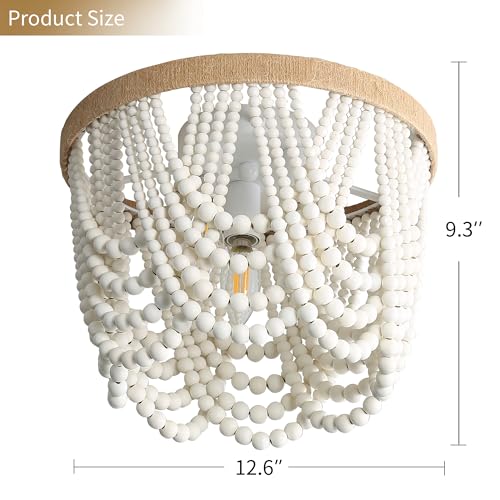 Bohemian Wood Beaded Ceiling Lamp 3-Light – Antique Rustic Mini Chandelier with White Beads for Bedroom, Nursery, Girls' Room, Dining Room, Hallway Entryway - color: White