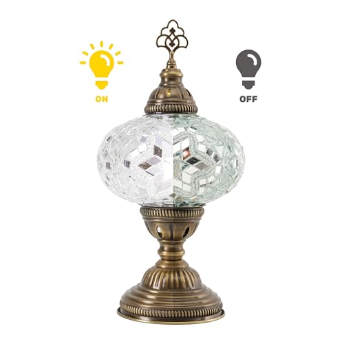 Turkish Lamp, Mosaic Table Lamp, Antique Moroccan Decorative Glass Bohemian Vintage Lamp Shade, Small Desk Tiffany Bedside Stained Glass Lamp with US Plug and E12 Socket - color: White-47