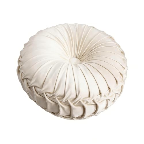 MOCOFO Round Velvet Throw Pillow, Pumpkin Shape Decorative Floor Cushion, Handcrafted Pleated Design, 14 and 16 Inch Diameter, Multiple Colors, Polyester Fill (Off White, 14") - color: Off White, size: 14"